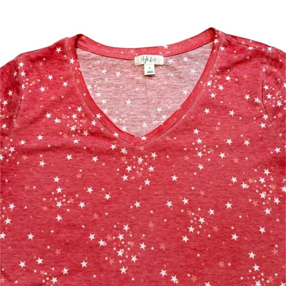 Style & Co Womens V-Neck Stars T-Shirt-Red-Size L-GUC - Picture 2 of 6